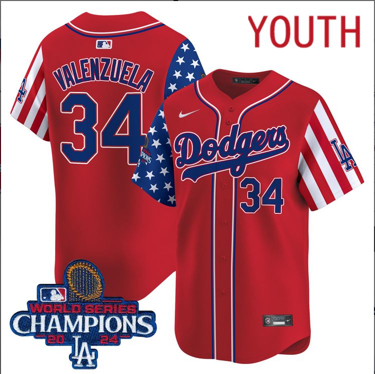 Youth MLB Los Angeles Dodgers #34 Valenzuela American Style red 2024 World Series Champions  Limited Jersey